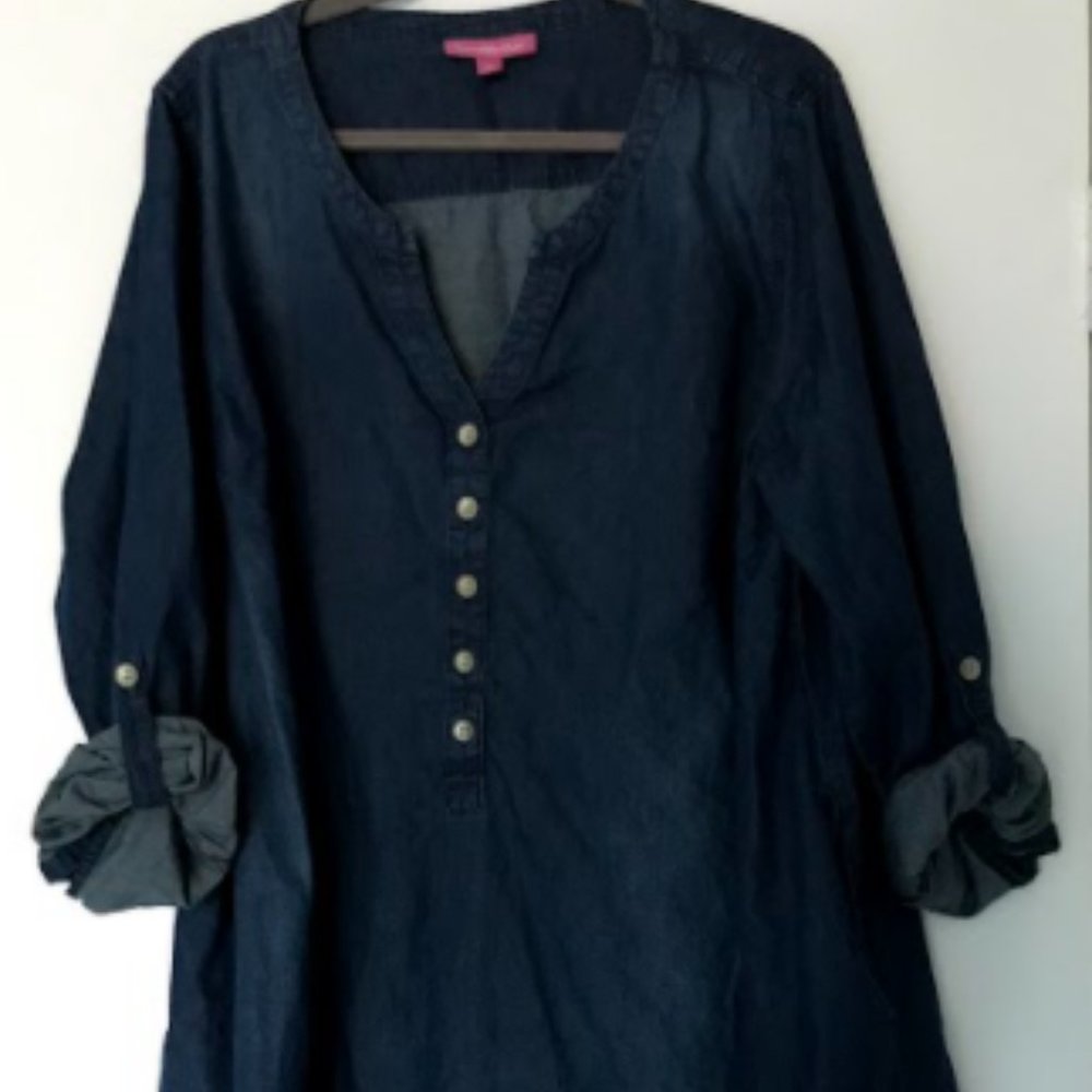 Denim dress with rolled-cuff tabs on the sleeves